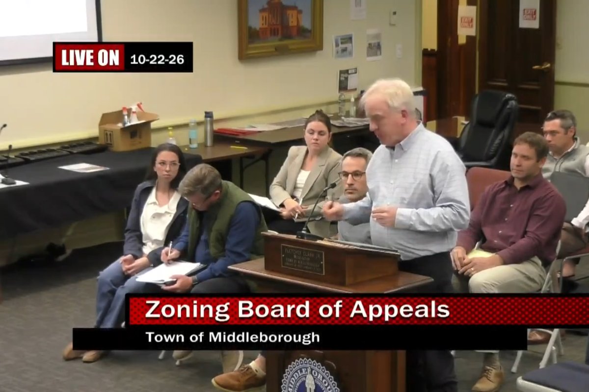 Attorney Michael O’Shaughnessy speaks at the podium before the Middleborough Zoning Board of Appeals.
